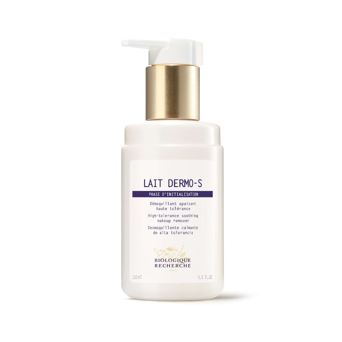 Lait Dermo-S cleansing milk in a white bottle with a gold pump dispenser, featuring a white label with blue Biologique Recherche branding, shown on a white background. The gentle formula soothes and cleanses sensitive skin without irritation. Size 5.1 fl.oz