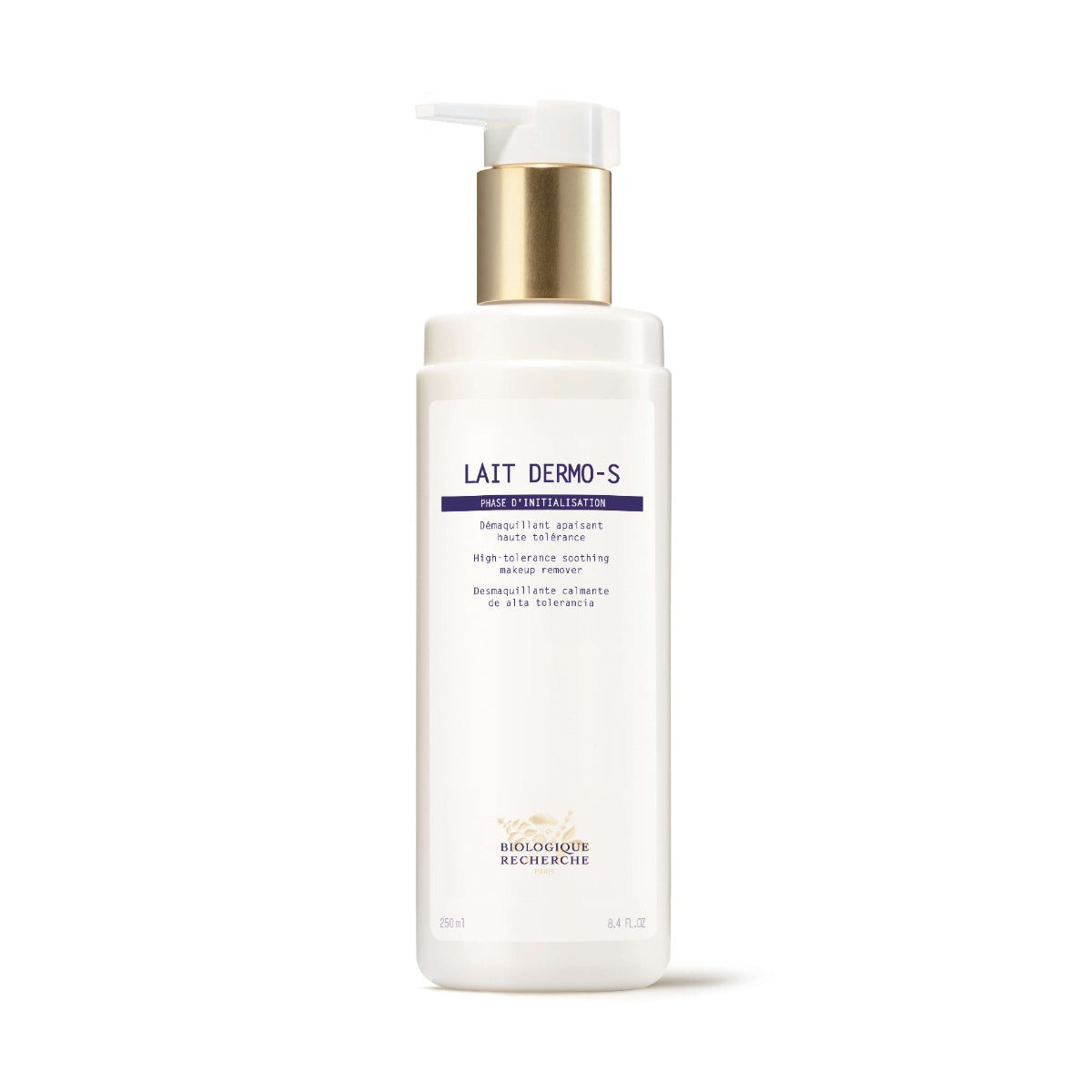 Lait Dermo-S cleansing milk in a white bottle with a gold pump dispenser, featuring a white label with blue Biologique Recherche branding, shown on a white background. The gentle formula soothes and cleanses sensitive skin without irritation.