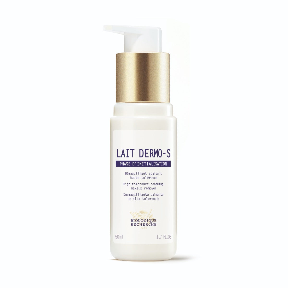 Lait Dermo-S cleansing milk in a white bottle with a gold pump dispenser, featuring a white label with blue Biologique Recherche branding, shown on a white background. The gentle formula soothes and cleanses sensitive skin without irritation. Szie 1.7 fl.oz