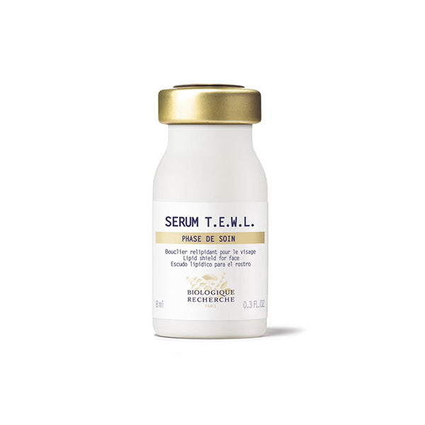 Biologique Recherche Sérum T.E.W.L. 0.3 fl.oz – A smaller white serum bottle with a branded white label featuring dark blue lettering and gold accents, shown upright on a white background. This intensive treatment helps prevent moisture loss and restore comfort to dry, dehydrated, or compromised skin.