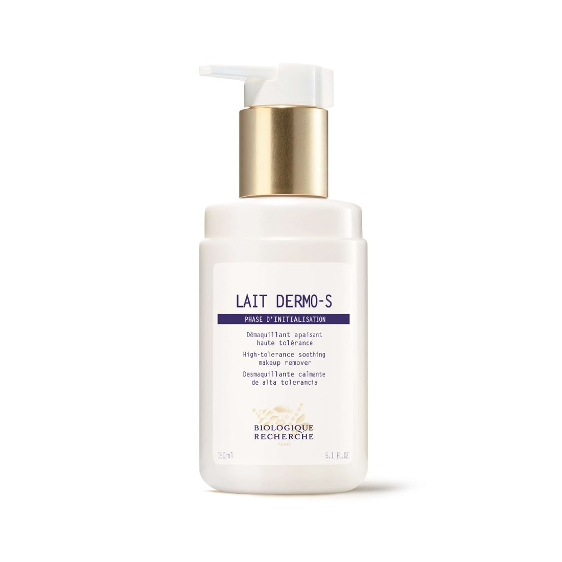 Lait Dermo-S cleansing milk in a white bottle with a gold pump dispenser, featuring a white label with blue Biologique Recherche branding, shown on a white background. The gentle formula soothes and cleanses sensitive skin without irritation. Size 5.1 fl.oz
