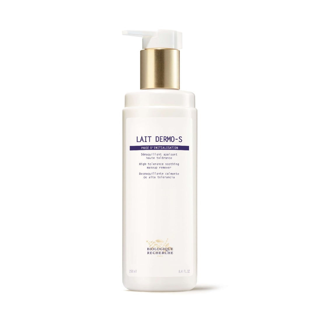 Lait Dermo-S cleansing milk in a white bottle with a gold pump dispenser, featuring a white label with blue Biologique Recherche branding, shown on a white background. The gentle formula soothes and cleanses sensitive skin without irritation.