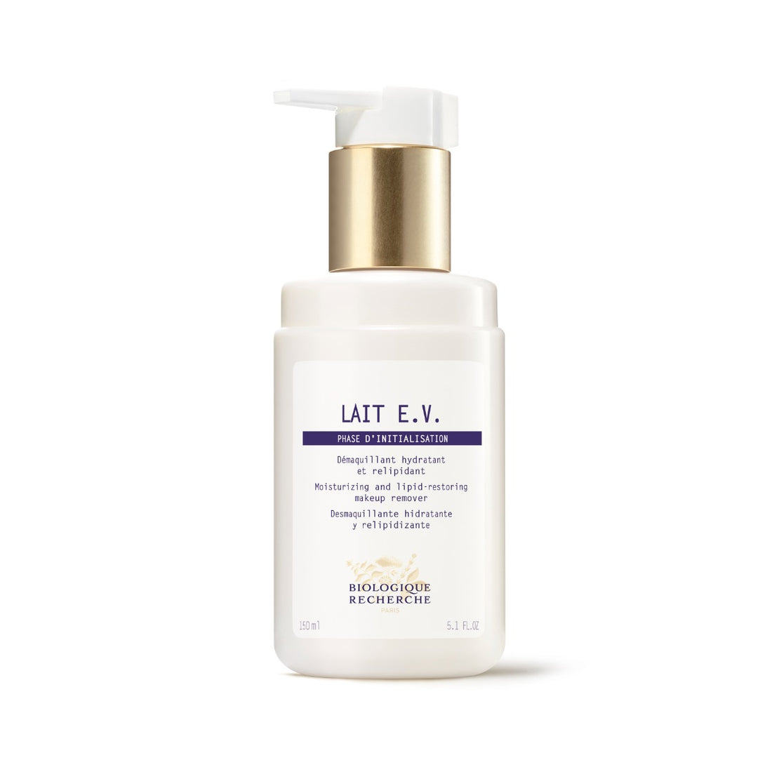 Biologique Recherche Lait Embryonnaire Visage 5.1 fl.oz bottle shown upright on a white background. The sleek white bottle with a blue and gold label contains a hydrating cleansing milk ideal for dehydrated, sensitive, or devitalized skin
