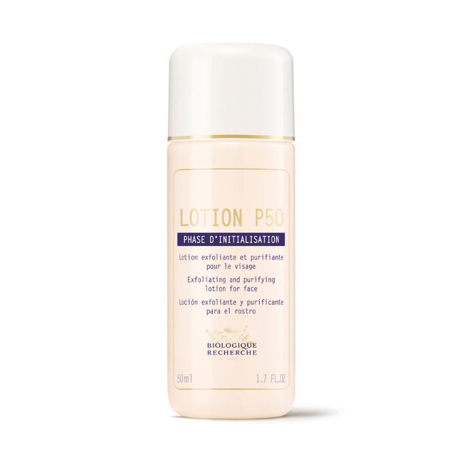 1.7 fl. oz. bottle of Biologique Recherche Lotion P50, displayed upright on a white background. A travel-size exfoliating toner that balances, purifies, and smooths the skin while enhancing radiance and refining texture.