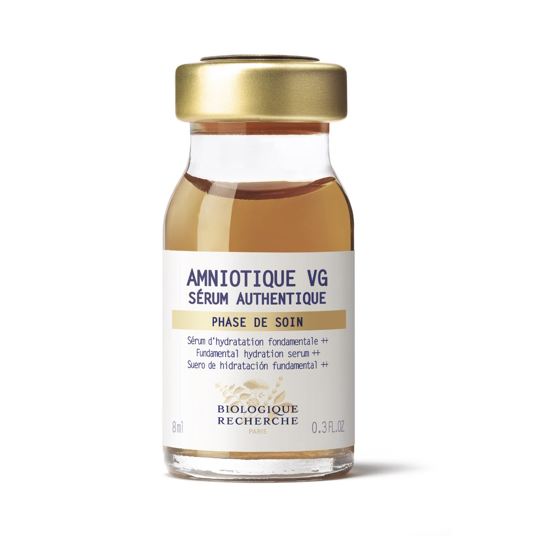 0.3 fl. oz. glass bottle of Biologique Recherche Amniotique VG Sérum Authentique with a gold cap and a white label with blue lettering, displayed on a white background. A travel-size hydrating serum designed to moisturize, soothe, and improve elasticity in dehydrated or tight skin.