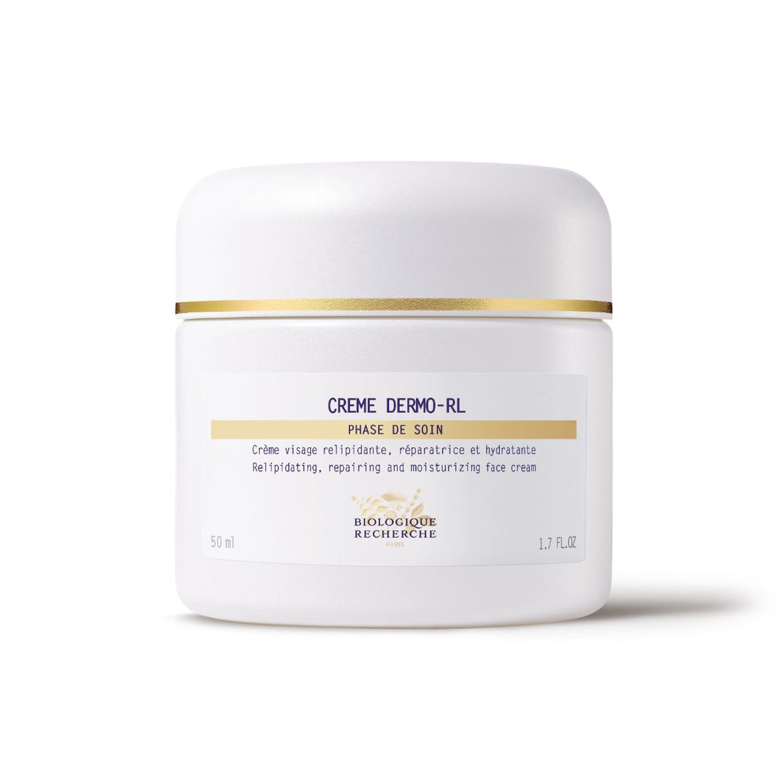 Biologique Recherche Crème Dermo-RL – a rich, nourishing face cream in a white and gold jar, designed to repair dry, dehydrated, and lipid-deficient skin while restoring hydration and comfort.