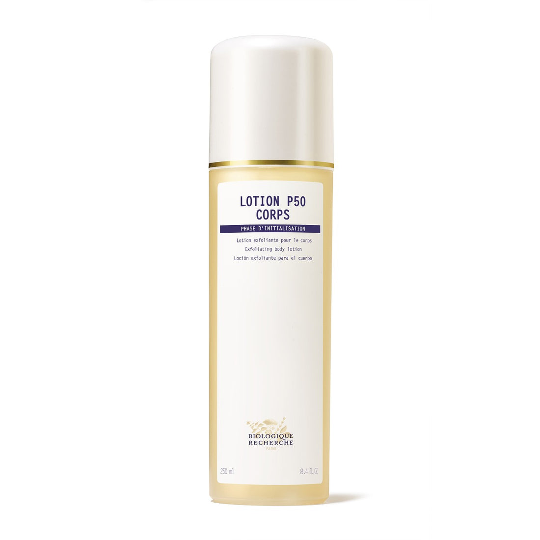 Clear bottle of Biologique Recherche Lotion P50 Corps with a white label, blue lettering, and a white-and-gold cap, placed on a white background.