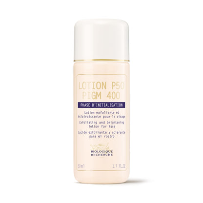 Biologique Recherche Lotion P50 PIGM 400 in 1.7 fl.oz travel-size bottle with a white cap and blue and gold label, displayed upright on a white background. This brightening exfoliating toner targets dark spots and promotes an even, radiant complexion.