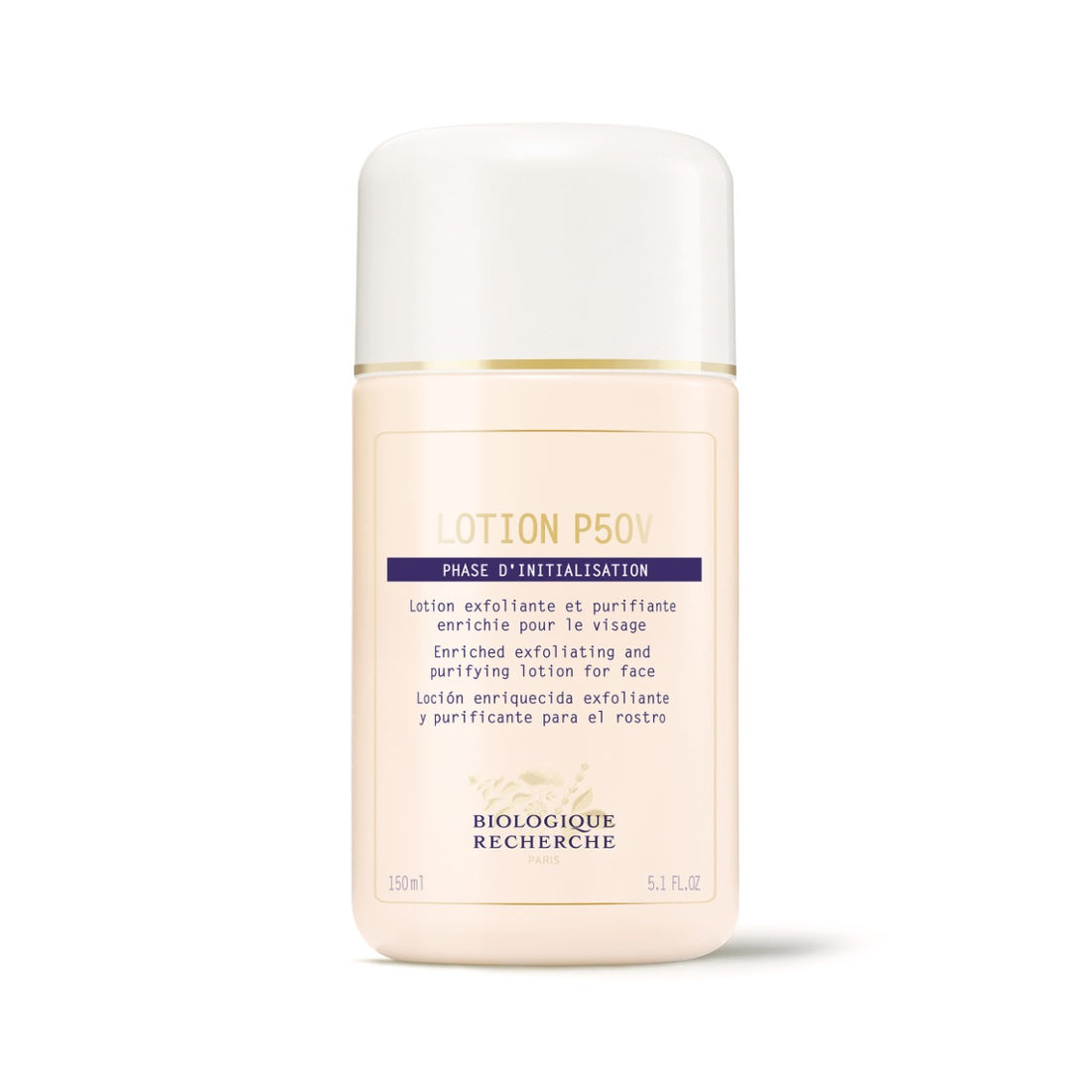 Lotion P50V exfoliating toner, 5.1 fl.oz. Medium white plastic bottle labeled &quot;Lotion P50V&quot; with dark blue text on a clean white background. This vitamin-enriched toner gently exfoliates dead skin cells, balances pH, hydrates, and refines skin texture, ideal for normal to dry and mature skin types.