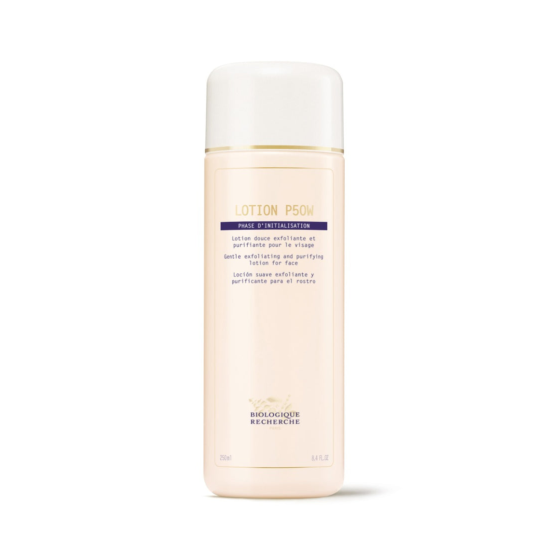 bottle of Biologique Recherche Lotion P50W with white label, blue lettering, and a white-and-gold cap on a white background. Size 8.4 fl.oz