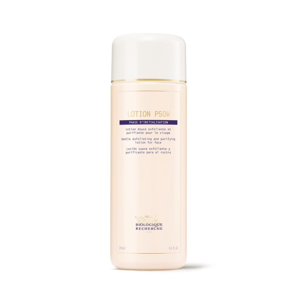 bottle of Biologique Recherche Lotion P50W with white label, blue lettering, and a white-and-gold cap on a white background. Size 8.4 fl.oz