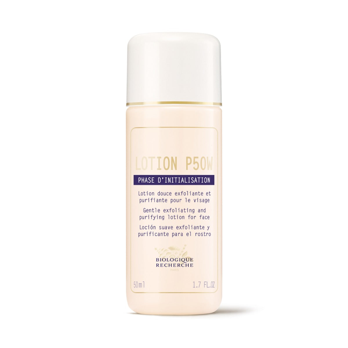 bottle of Biologique Recherche Lotion P50W with white label, blue lettering, and a white-and-gold cap on a white background. Size 1.7fl.oz