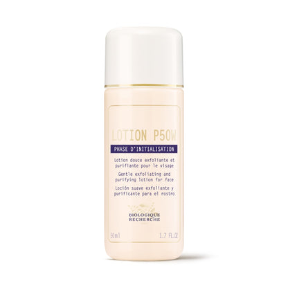 bottle of Biologique Recherche Lotion P50W with white label, blue lettering, and a white-and-gold cap on a white background. Size 1.7fl.oz