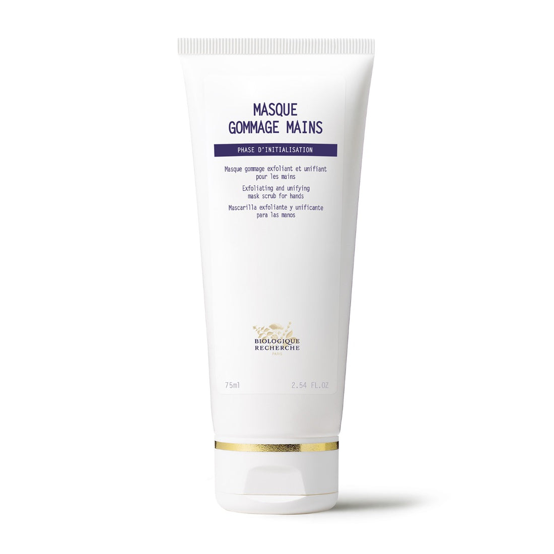 Biologique Recherche Masque Gommage Mains — a luxurious hand exfoliating mask in a sleek tube with gold and blue accents, ideal for dry and uneven hands.