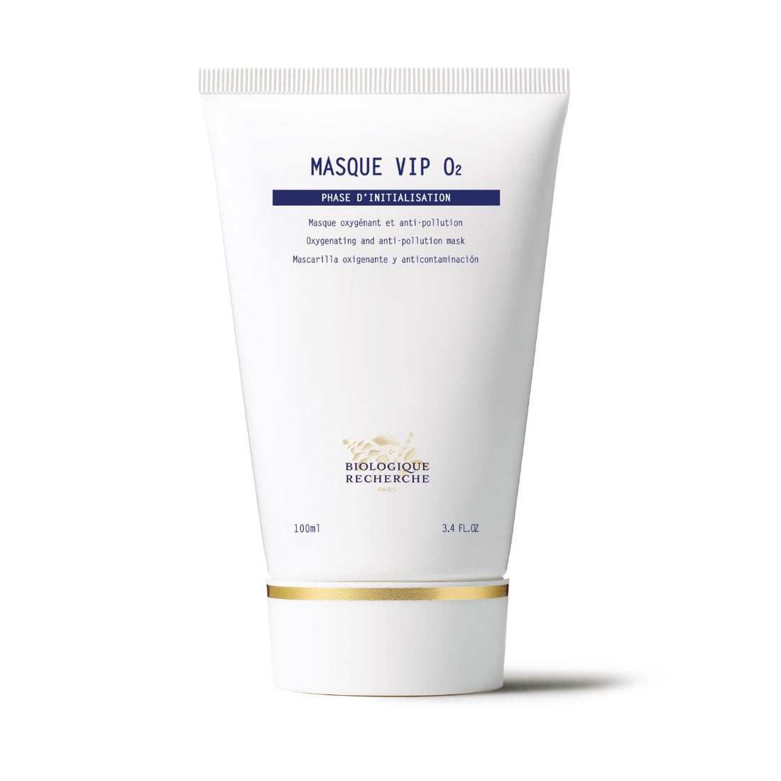 Biologique Recherche Masque VIP O2 in a white squeeze tube with blue and gold branding, displayed upright on a clean white background. This hydrating and oxygenating face mask is designed to brighten, soothe, and revitalize dull, tired, or pollution-exposed skin.